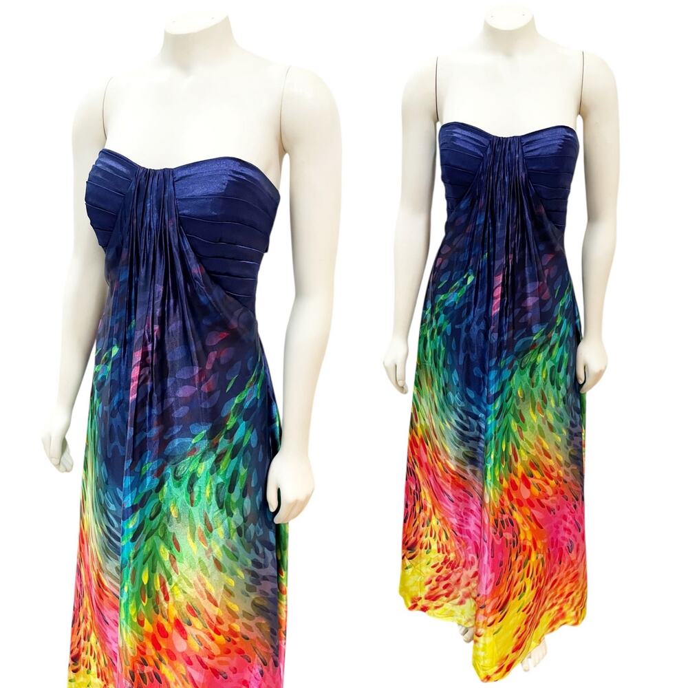 Temptation Rainbow Drops Satin Maxi Gown Strapless Multicolor Sz 8